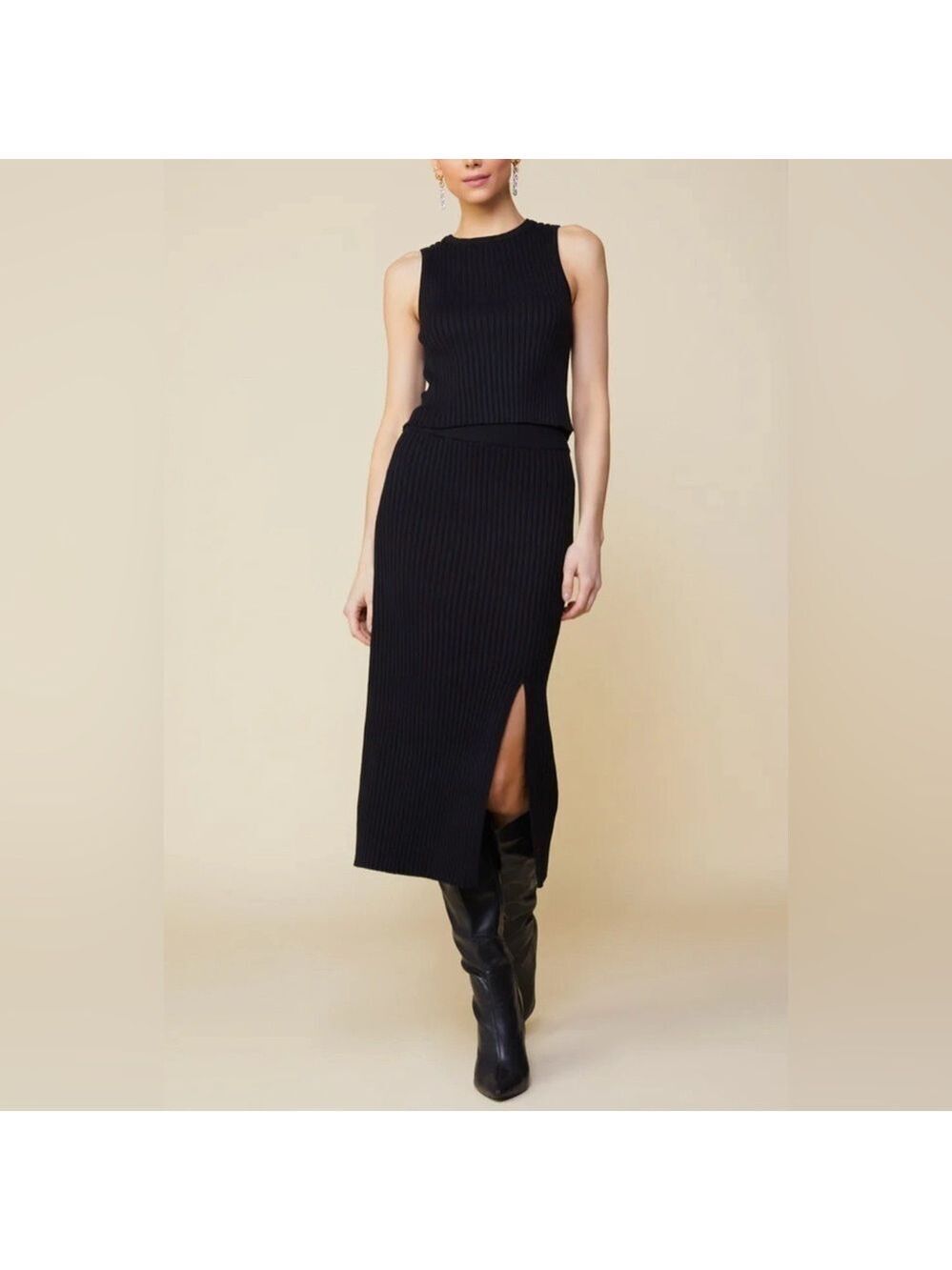 Skies Are Blue Ribbed Knit Side Slit Midi Pull On Skirt and High Neck Top Set